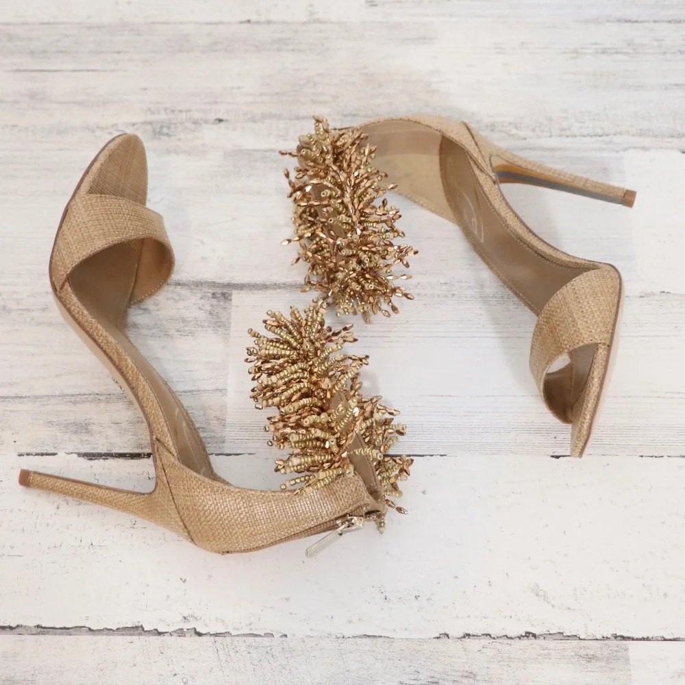 Sam Edelman Beaded Gillie Stiletto Sandal in Tan Raffia NEW in Box